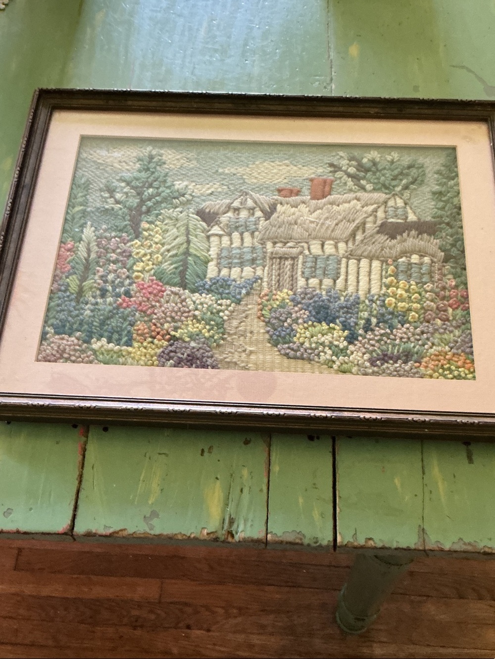 Vintage Framed Pastel Cottage Garden Needlework Wall Art - Unbranded
